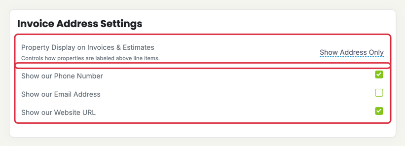 Invoices, Estimates & Receipts Settings: settings inv address