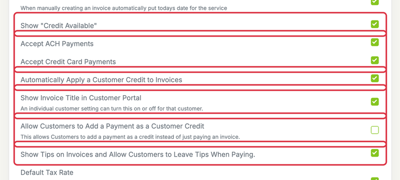 Invoices, Estimates & Receipts Settings: settings inv credit payments