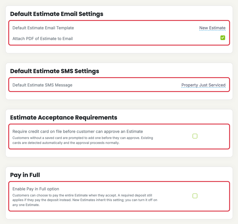 Invoices, Estimates & Receipts Settings: settings inv estimate email sms