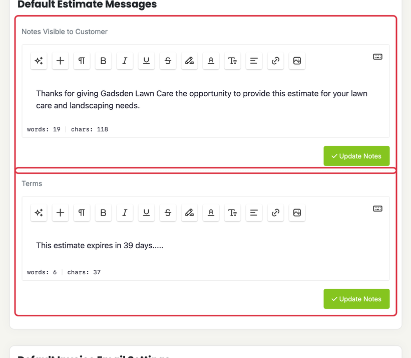 Invoices, Estimates & Receipts Settings: settings inv estimate messages