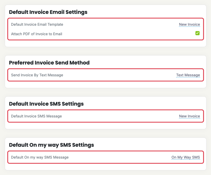 Invoices, Estimates & Receipts Settings: settings inv invoice email sms