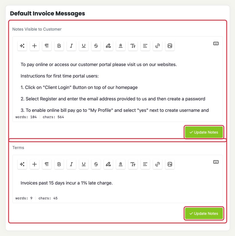 Invoices, Estimates & Receipts Settings: settings inv invoice messages