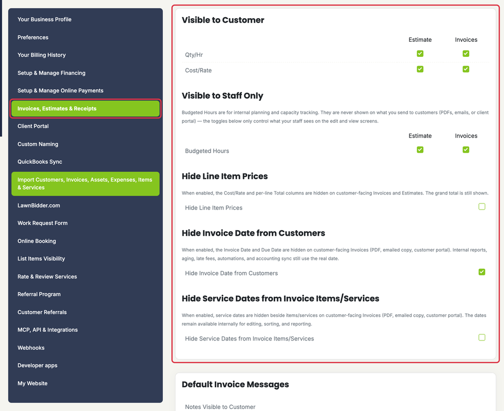 Invoices, Estimates & Receipts Settings: settings inv line items