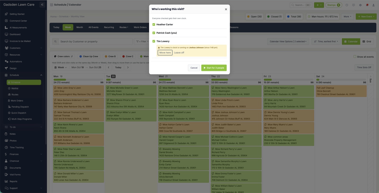 The Who's working this visit panel with three people ticked and the Start for 3 people button