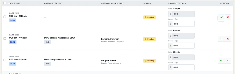 Approve Tracked Time: time approve row check